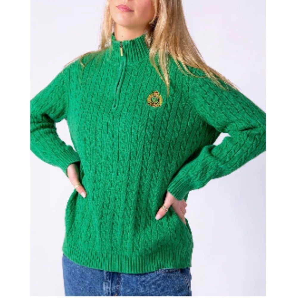 Lauren Ralph Lauren Green Cable Knit Quarter Zip Crest Sweater Womens Small